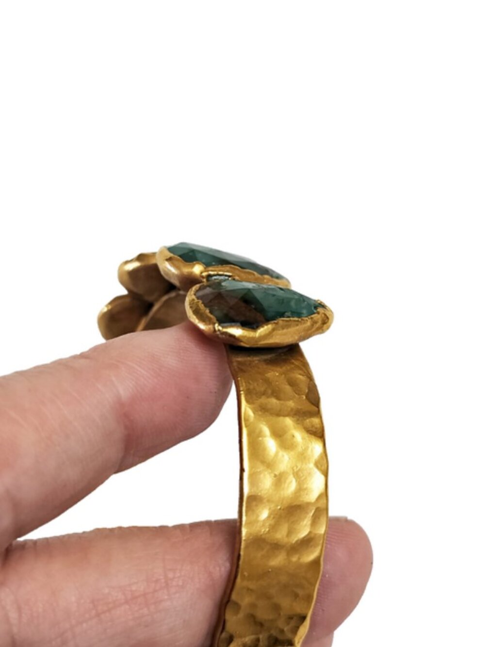 Hammered Cuff Bracelet Gold-Tone Bezel-Set Green Stones Jasper Moss Agate - Picture 3 of 5